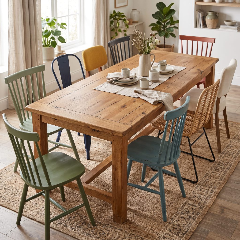 Coloured dining chairs around an oak table