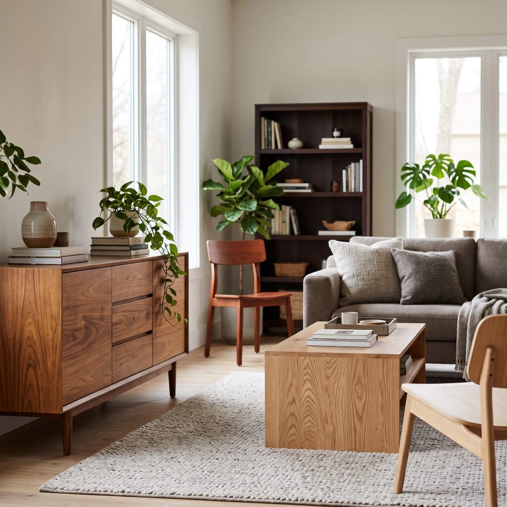Living room furniture in different wood tones